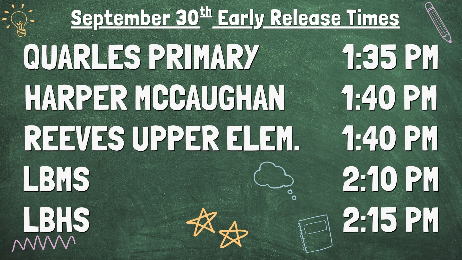 A chalkboard‑style graphic displays “September 30th Early Release Times” in large white letters at the top. Below, five schools are listed in bold white text with their release times: Quarles Primary — 1:35 PM; Harper McCaughan — 1:40 PM; Reeves Upper Elementary — 1:40 PM; LBMS — 2:10 PM; LBHS — 2:15 PM. Small white doodles, including a light bulb, stars, a pencil, a notebook, and a thought cloud, decorate the edges of the chalkboard background.
